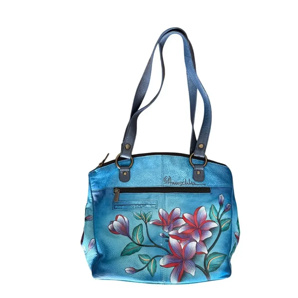 Anuschka Floral Hand Painted Leather Purse Handbag Blue